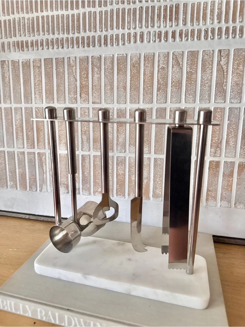 Vintage Set of Hanging Cocktail Stainless Steel Tools in Marble Base